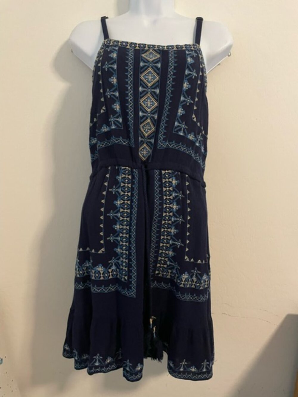 Miss Me Size MED Sleeveless Boho Mini Dress Navy Blue Embroidered EUC